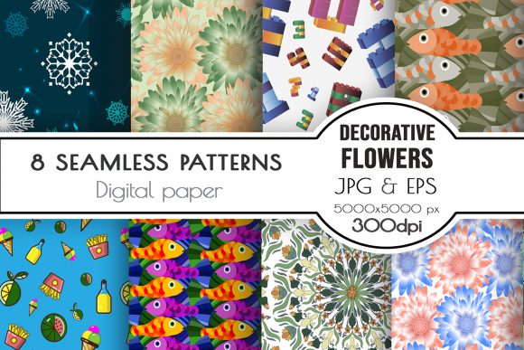 Seamless Patterns for Flowers, Food, Fish & More